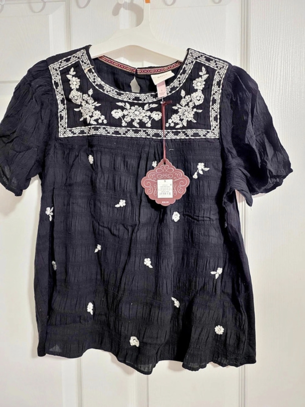 Knox Rose Short Sleeve Embroidered Square-Neck Blouse Black & White Small